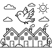 Happy Bird Flying Over a Small Village