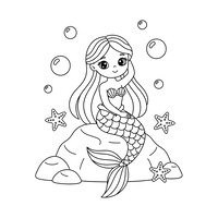 Sereia Fofa Sentada em Rochas com Estrela-do-Mar