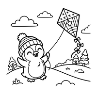 Schattige pinguïn die in de winter een vlieger laat vliegen