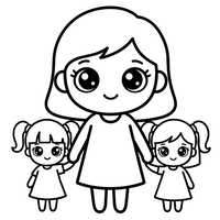 Ibu dan Dua Putri Bergandengan Tangan Gaya Kawaii