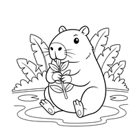 Capybara Tenant une Feuille dans l'Eau