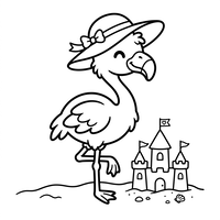 Flamingo met zonnehoed en zandkasteel