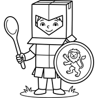 Kind Ritter mit Kartonrüstung und Löwenschild