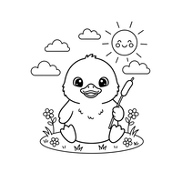 Adorable Caneton avec Quenouille, Soleil et Fleurs