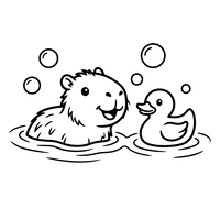Kapybara och anka badar