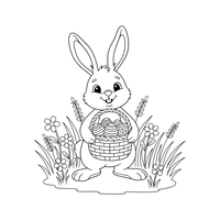 Cheerful Easter Bunny with Basket, Eggs, and Flowers