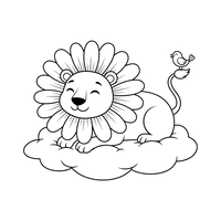 Glad Løve med Blomsterman og Fugl på Sky