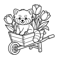 Słodka Panda Czerwona w Taczce z Kwiatami