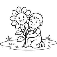 Kleiner Junge und Riesen Lachende Sonnenblume