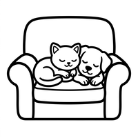 Sleeping Puppy and Kitten on an Armchair