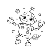 Glad Robot i Verdensrommet med Planeter og Stjerner