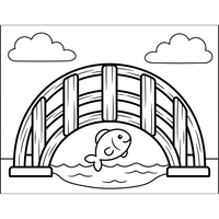 Brücke über Wasser mit springendem Fisch