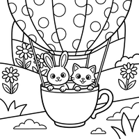 Hase und Katze im Teetassen-Heißluftballon