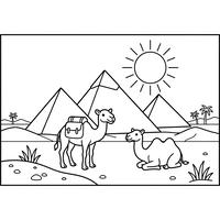 Chameaux dans le désert avec des pyramides