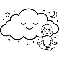 Menino meditando com nuvem adormecida e estrelas