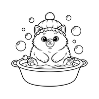 Animal fofo e macio num banho de espuma com gorro de pompom